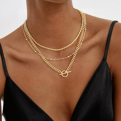 Turandoss Layered Necklaces for Women, 14K Gold Plated Chain Necklace Stack | Non Tarnish Gold Necklaces for Women, Toggle Clasp Herringbone Rope Satellite Cuban Link Chain Necklace, Trendy Jewelry Gifts - color: " rope+satellite+toggle-G