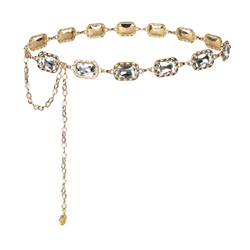ILuvatar Green Glass Diamond Chain Belt - Metal Women's Western Style Dress Belt - color: Gold-s-white