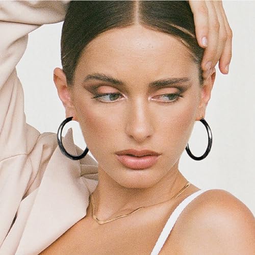 4mm Thick Gold Chunky Earrings Steling Silver Post Hoops Earrings For Women Hollow Tube Hoops Earrings Thick Gold Hoop Earrings Hypoallergenic Lightweight Gold Hoop Large Earrings 20/30/40/50/60MM - color: black,4*40mm