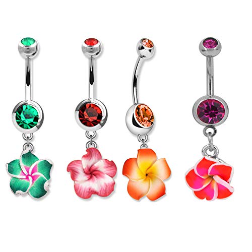 Assorted Set 14 Gauge 3/8 Inch 316L Surgical Steel Barbell Belly Button Navel Rings Dangles Boho Hawaiian Plumeria Flower - style: 4 Belly Dangle