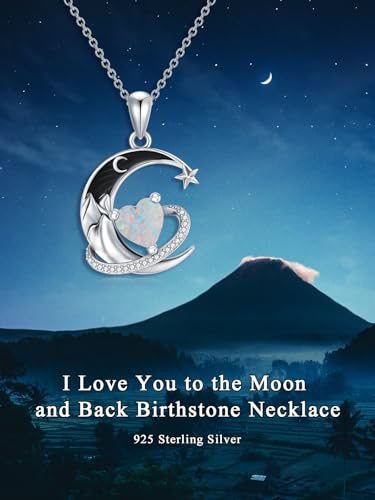 I Love You to the Moon and Back Necklace 925 Sterling Silver Black Crescent Moon Star Pendant with Heart Birthstone Necklace Anniversary Gothic Jewelry Gifts for Women Wife Lovers - color: 10-Oct-Opal