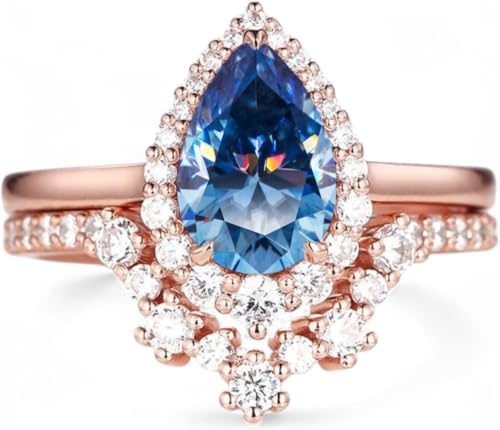 Vintage Pear Cut White Yellow Pink Green Blue Moissanite and Diamond Bridal Set 14K Rose Gold Halo Moissanite Engagement Wedding Set Promise Ring for Her Christmas Gift For Wife By SHREESHYAMJEWELLS - color: Blue Moissanite