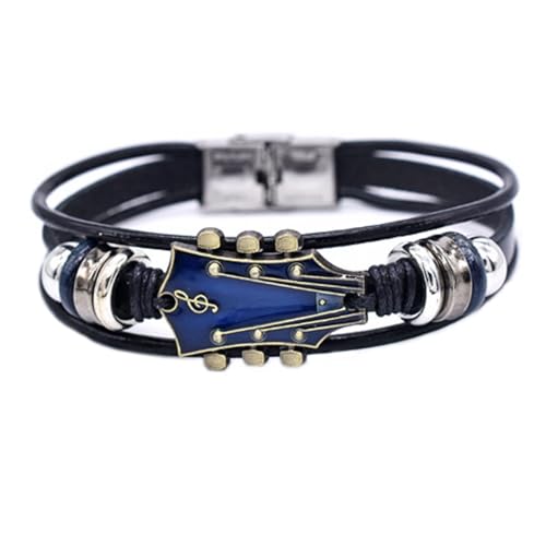 Angyape Retro Faux Leather Guitar Bracelet, Zinc Alloy Rock Music Guitar Leather Bracelet Punk Handmade Braided Multi-Layer Wrap Guitar Shape Decorative Cuff Bracelet Musical Enthusiast Gift - color: Blue