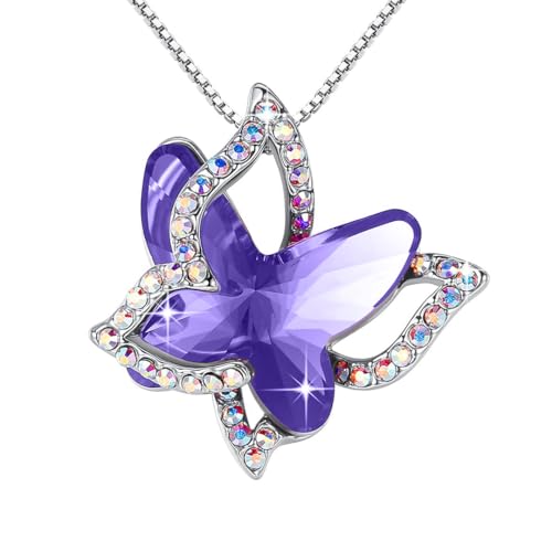 Butterfly Necklace, Birthstone Crystal, for Women, Silver Tone Pendant Jewelry, Anniversary Birthday Gift for Her, Wife & Mom, 18"+2" - color: 02b-February Birthstone - Tanzanite Purple Crystal