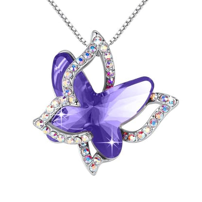 Butterfly Necklace, Birthstone Crystal, for Women, Silver Tone Pendant Jewelry, Anniversary Birthday Gift for Her, Wife & Mom, 18"+2" - color: 02b-February Birthstone - Tanzanite Purple Crystal