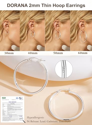 2mm Thin 14K Gold Plated Large S925 Sterling Silver Hoop Earrings for Women Hypoallergenic Big Hoop Non Tarnish Earrings Lightweight 20/30/40/50/60/70mm - color: Silver-30mm