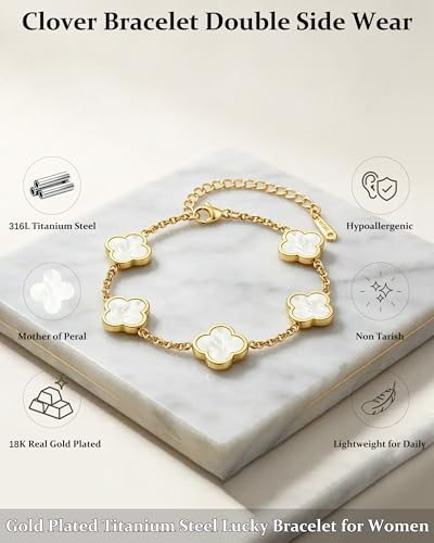 Four Leaf Clover Bracelet for Women 18K Gold Plated Stainless Steel 4 Leaf Link Chain Adjustable Bracelets Lucky Gift for Women/White/Black/Rich Red/Emerald Green/ Navy Blue/Pink Bracelets - color: White/Gold