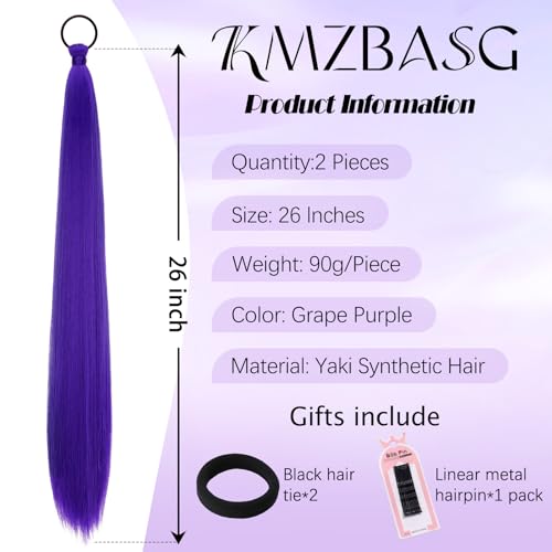 2 PCS Purple Ponytail Extension 26 Inch Yaki Straight Long Braided Ponytail Extension for Black Women and Girls 90g High Volume Synthetic Hairpieces for Everyday and Cosplay Includes 2 Ties and Clips - color: Purple