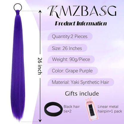 2 PCS Purple Ponytail Extension 26 Inch Yaki Straight Long Braided Ponytail Extension for Black Women and Girls 90g High Volume Synthetic Hairpieces for Everyday and Cosplay Includes 2 Ties and Clips - color: Purple