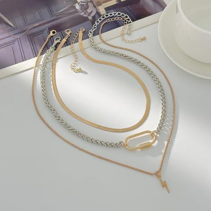 Gold Layered Necklace for Women Chunky Stacked Chain Link Paperclip Evil Eye Necklace Trendy Punk Jewelry - color: Silver C