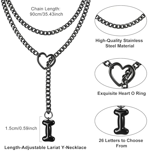 Black Heart Slip Chain Initial Necklaces for Women, Stainless Steel Wrap Choker Necklace, Gothic O-Ring Adjustable Lariat Y Necklaces, Punk Cuban Collar Choker Necklace, Halloween Jewelry Gift - color: Black I