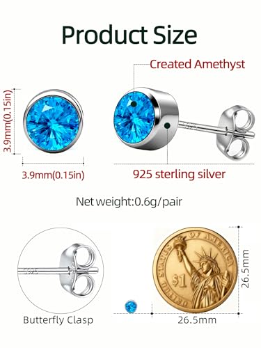 Neshat Tiny Birthstone Earrings for Women, 925 Sterling Silver Bezel Crystal Stud Earrings, 4mm Minimalist Sapphire/Amethyst/Aquamarine/Emerald Earrings Studs - style: 12. December-Created Blue Topaz