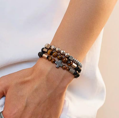 3 PCS Triple Protection Bracelet Set for Men Tiger Eye, Hematite, Onyx Beaded Natural Stone Healing Crystals Jewelry Fathers Days Gift, Christmas, Baptism, Birthday