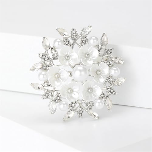 Shell Pearl Flower Flower Wreath Rhinestones Statement Brooches Lapel Pins for Women Girls Fashion Dainty Gold Tone Crystal Floral Brooch Pin for Dresses Suit Wedding Party Trendy Jewelry - color: Silver