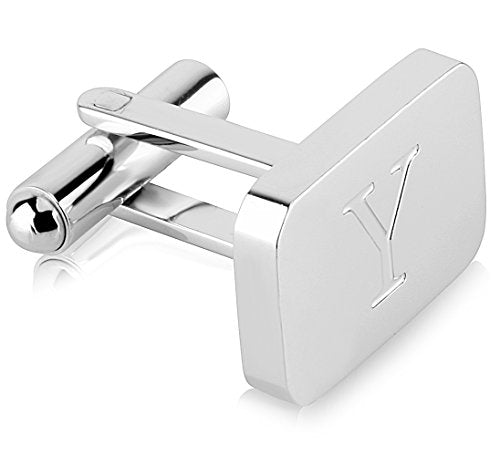 18K White-Gold Plated Initial Engraved Stainless Steel Men’s Cufflinks With Gift Box -Personalized Alphabet Letter’s A-Z By Lux & Pair - style: Y- White Gold