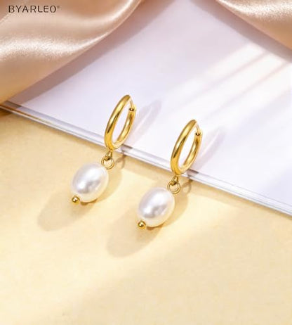 G23 Titanium Pearl Gold Drop Dangle Small Huggie Hoop Earrings for Women | F136 Implant Grade Pure Titanium for Sensitive Ears，Waterproof and Non Tarnish (A-14K Gold Plated) - color: 1A-14K Gold Plated