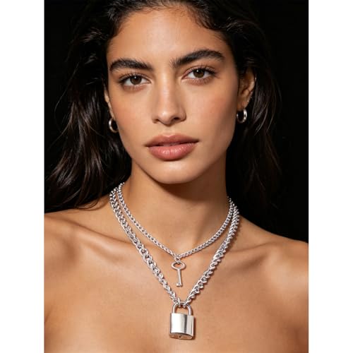 Layered Chunky Gold Silver Necklace Big Cuban Chain Statement Necklace Stacked Punk Chain Choker Necklaces for Women Trendy Jewelry Birthday Gifts - color: 04 Lock and Key