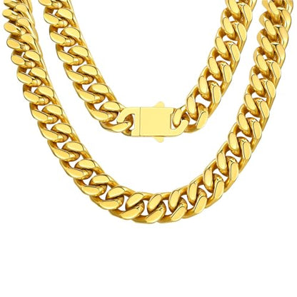 FindChic Cuban Link Chain Necklace for Women Men, Silver/Gold Plated Stainless Steel Solid Miami Curb Chain Hip Hop Punk Statement Jewelry, 5/12/14mm Width, 16/18/20 Inch Length, with Gift Box - color: 04. 12mm-Gold, size: 16inches