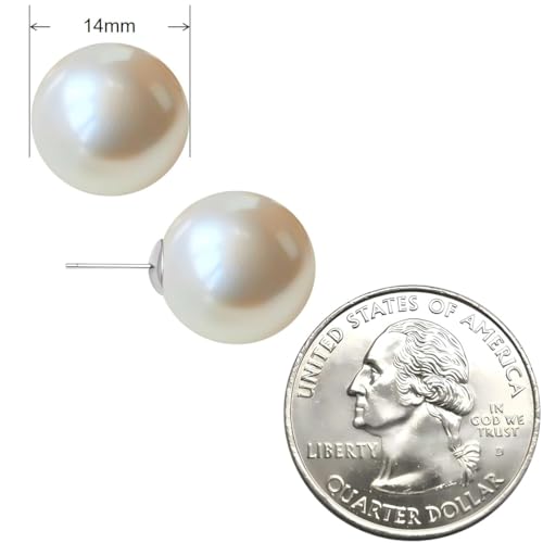 White Faux Pearl Stud Earrings, S925 Silver Posts Hypoallergenic for Women - color: Creamy White, size: 14mm