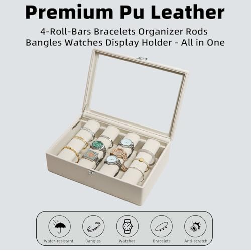 Bracelet Holder Rods Bangles Box Organizer Display | Glass Lid Jewelry Boxes for Women with 4 Velvet Rods