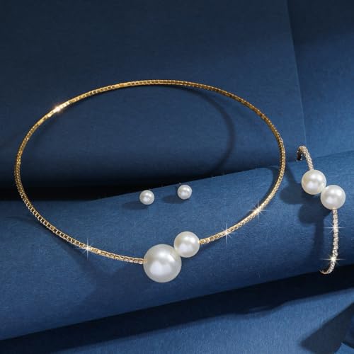 Gold Jewelry Set for Prom,Pearl Necklace Earrings Bracelet Crystal Bridal Wedding Prom Dresses Costume Jewelry Accessories Rhinestone Bridal Jewelry Set for Women - color: Gold Pearl