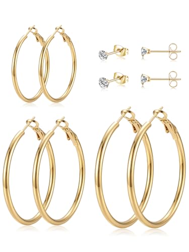 5 Pairs Silver Gold Stud Hoop Earrings for Women, Hypoallergenic 14K Gold Plated Trendy Stud Hoop Earrings Set for Sensitive Ears, Lightweight Big Hoops Earring Stacks for Multiple Piercing Jewelry Gift - color: Gold-30/40/50mm