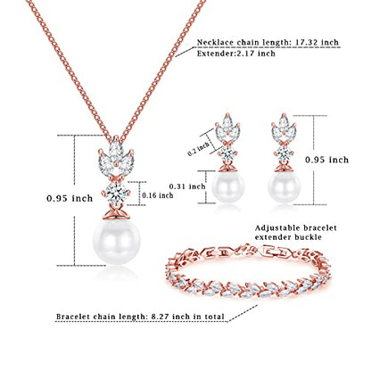 Wedding Jewelry for Bride Bridesmaid, Pearl Dangle Earrings and Pendant Necklace Set Bridal Jewelry for Promise Wedding Party - color: 3#Rose gold-1 Set-Necklace/Bracelet/Earrings