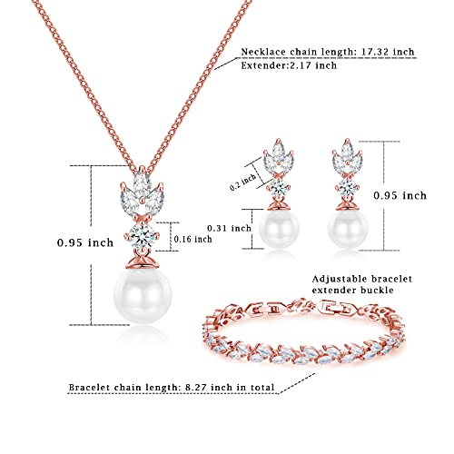 Wedding Jewelry for Bride Bridesmaid, Pearl Dangle Earrings and Pendant Necklace Set Bridal Jewelry for Promise Wedding Party - color: 3#Rose gold-1 Set-Necklace/Bracelet/Earrings