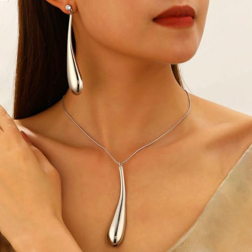 Round Teardrop Necklace Bracelet Ring Jewelry Set Gold Plated Chunky Statement Jewelry Set for Women Simple Elegant Jewelry - color: silverA
