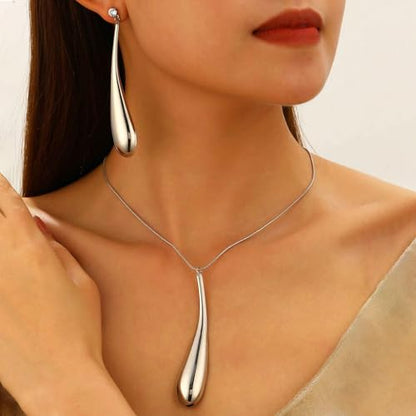 Round Teardrop Necklace Bracelet Ring Jewelry Set Gold Plated Chunky Statement Jewelry Set for Women Simple Elegant Jewelry - color: silverA