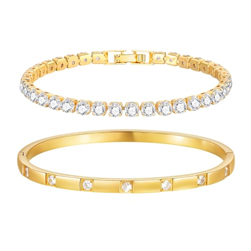 Stackable Gold Bracelets for Women - 2Pcs 18K Gold Plated Cubic Zirconia Bangle Bracelet Friendship Tennis Bracelet Stack Jewelry,Party Christmas Birthday Gift for Girlfriend Sister Wife Daughter - style: Gold Set_3