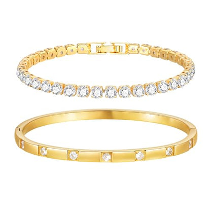 Stackable Gold Bracelets for Women - 2Pcs 18K Gold Plated Cubic Zirconia Bangle Bracelet Friendship Tennis Bracelet Stack Jewelry,Party Christmas Birthday Gift for Girlfriend Sister Wife Daughter - style: Gold Set_3