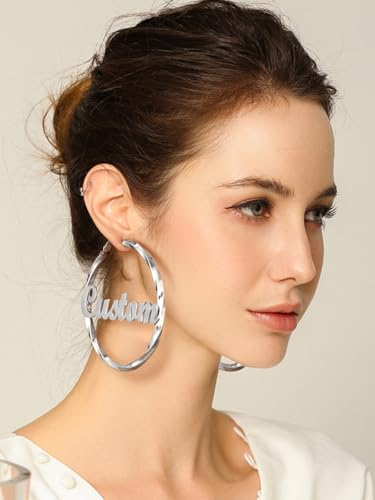 FindChic Twisted Hoop Earrings for Women, Silver/Black/14K Gold Plated Hypoallergenic Hollow Tube Rounded Loop Earrings, 30mm/40mm/60mm/80mm Hoops with Custom Name Options and Gift Box - color: e.Silver (Custom Name), size: 80MM