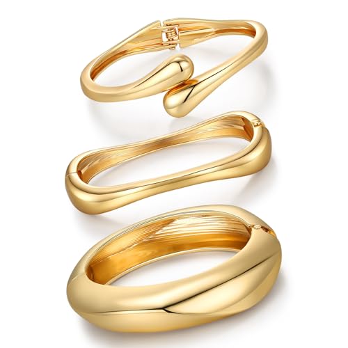 Chunky Gold Bangles for Women Set of 3, 14K Gold Plated Stainless Steel Stretch Bracelets, Wide Flexible Stackable Cuff Bangles, Designer Inspired Jewelry