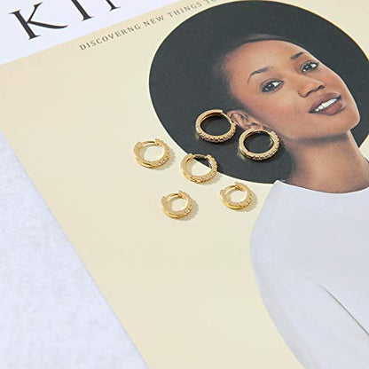 micuco 3 Pairs Small Hoop Earrings Tiny Cartilage Earrings for Women Men | Cubic Zirconia Earrings Huggie Hoop Ear Piercing Earrings for 8mm 10mm 12mm - color: 4# 14K Gold Plated 8mm,10mm,12mm