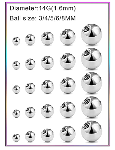 Prjndjw 25Pcs 14G 16G Replacement Balls internal thread & Externally Threaded Surgical Steel Balls Industrial Barbell Tongue Nipple Belly Button Eyebrow Rook Piercing Rings Parts 3MM-8MM - color: 25Pcs-14G-Silvertone