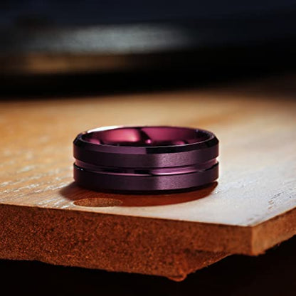 King Will Mens 8mm Cross Groove Tungsten Carbide Wedding Ring | Rose Gold, 8mm, Grooved, Comfort Fit, Cross design, Everyday Wear - color: Red