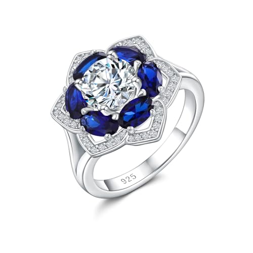 Flower Engagement Promise Ring Sterling Silver Birthstone Rings for Women Sapphire/Emerald/Ruby Gemstone Six Leaf Clover Statement Cocktail Ring Size 6 to 10 - style: 09. September-Created Sapphire