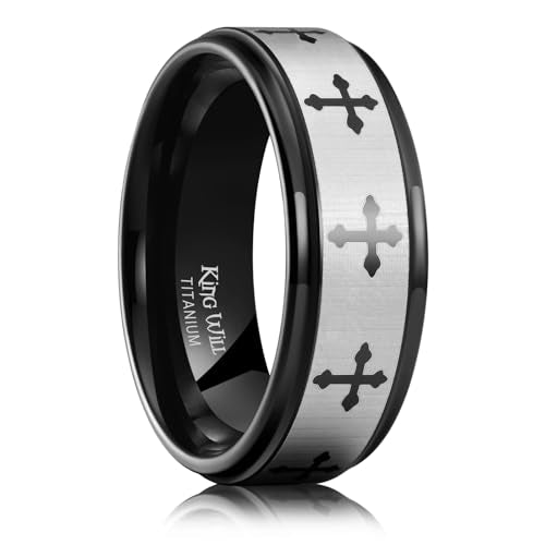 King Will 8mm Titanium Rings for Men Lord's Prayer Engraved Mens Cross Ring Vintage Religious Band Polished Brushed - color: Black-Silver