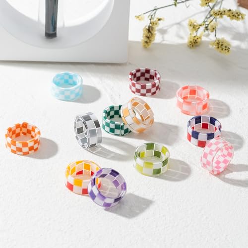 Colorful Resin Rings Set - 26 Pcs Stackable Thumb Knuckle Ring for Women, Checkboard Plaid Strip Patterns, Non Tarnish Dainty Jewelry Gift, Joint Finger Midi Trendy Statement Comfort Fit