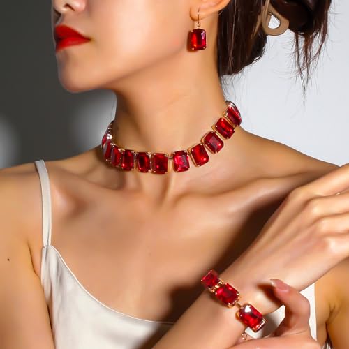 KOSMOS-LI Rectangle Faux Crystal Jewelry Sets Includ Necklace Bracelet Earrings For Women Stocking Stuffers - color: red
