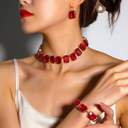 KOSMOS-LI Rectangle Faux Crystal Jewelry Sets Includ Necklace Bracelet Earrings For Women Stocking Stuffers - color: red