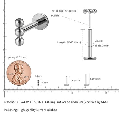 1PC ASTM F136 Titanium Mini Threadless Flat Back Stud 18G 6mm 8mm for Conch Helix Flat Tragus Labret - color: Linear Cluster - Tit