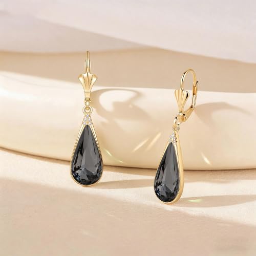 Teardrop Austrian Crystal Leverback Dangle Drop Earrings for Women | 14K Gold Plated,Classic Teardrop Elegance,Leverback for Easy Secure Wear,Gift Box Included, Brighten Up Daily and Party Looks - color: Black