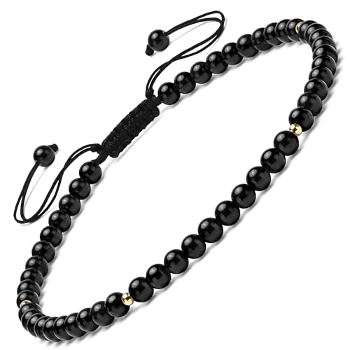 Natural Stone&925 Sterling Silver/18K Gold Anklet,│4MM│9-12 in│, Hand Woven, Adjustable Size - color: Black Tourmaline Anklet，4MM