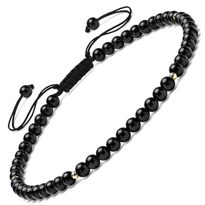 Natural Stone&925 Sterling Silver/18K Gold Anklet,│4MM│9-12 in│, Hand Woven, Adjustable Size - color: Black Tourmaline Anklet，4MM