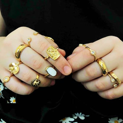 HUASAI Gold Stackable Rings Set for Women Boho Dainty Moon Star Pearl Leaf Cubic Zirconia Heart Midi Pinky Trendy Jewelry Birthday Gifts - color: F Gold 13 Pcs