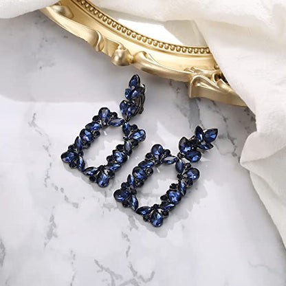 Clip-on Dangle Earring Earrings Art Deco Sparkly Rhinestone Marquise Teardrop Rectangle Geometric Statement for Women - color: Sapphire Color Black-Tone