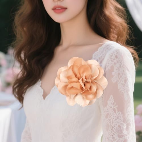 Large Rose Flower Brooches Chiffon Camellia Brooch Lapel Pins Hair Clips Hat Pins for Women Wedding Banquet Accessories Large Satin Flowers 5.5in - color: Khaki