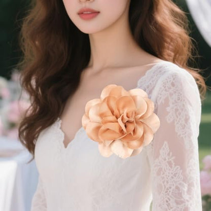 Large Rose Flower Brooches Chiffon Camellia Brooch Lapel Pins Hair Clips Hat Pins for Women Wedding Banquet Accessories Large Satin Flowers 5.5in - color: Khaki